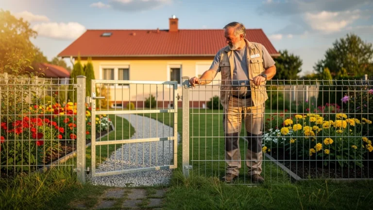 Homme inspectant un grillage rigide en acier pour sécuriser et délimiter un terrain sous un éclairage naturel