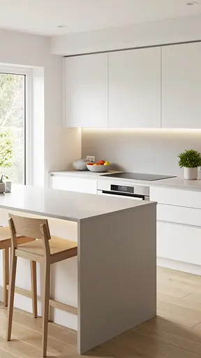 cuisine minimaliste après cuisson lumière naturelle douce ambiance chaleureuse et calme