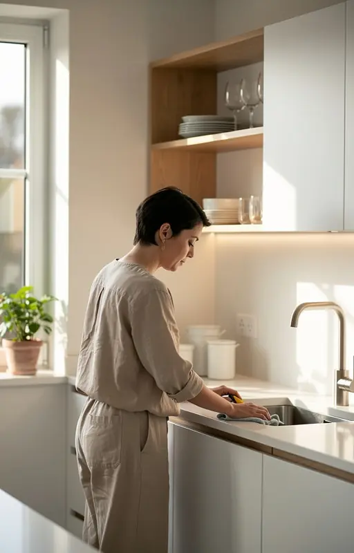 femme française cuisinant calmement dans une cuisine minimaliste avec lumière naturelle