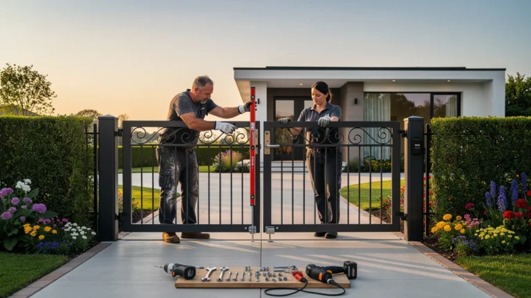 Installation d’un portail battant en acier devant une maison moderne avec des ouvriers au travail