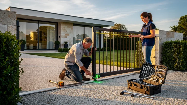 Installation professionnelle d’un portail coulissant moderne sur une entrée de maison contemporaine