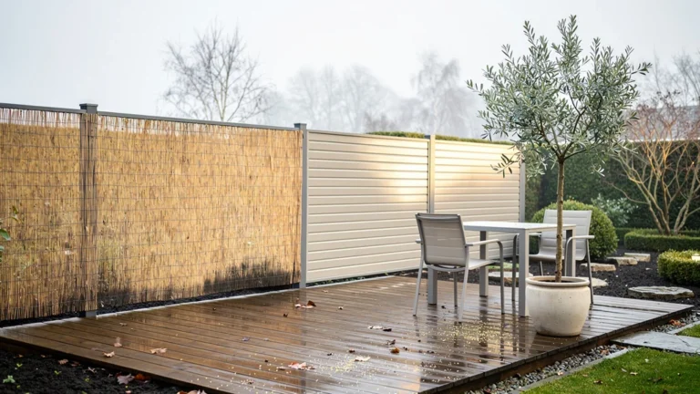 Brise-vue en canisses ou en lames rigides après un hiver et un été, vue réaliste d’un jardin