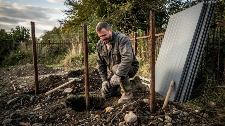 Installation de clôture en panneaux rigides sur terrain difficile avec corrosion cachée visible