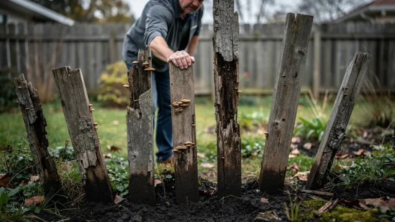 Piquets bois non traités pourris en 3 ans, illustrant une mauvaise protection du bois