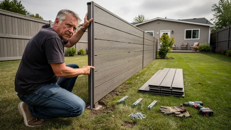 Clôture composite trop basse dans un jardin, avec outils de pose et propriétaire inquiet