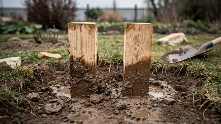 Comparaison de deux scellements de piquets bois dans un jardin argileux, résultat brut