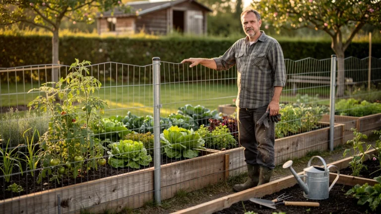Grillage souple pour délimiter un potager, avec jardinier et légumes en pleine croissance