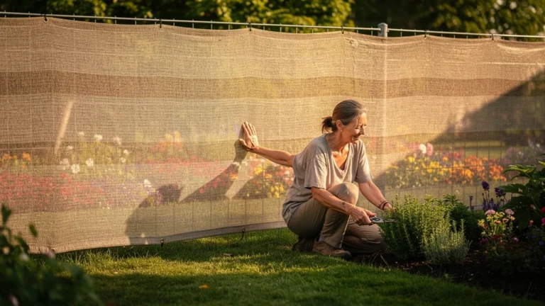 Installation d’un brise-vue en toile tissée sur clôture grillagée transformant l’intimité du jardin