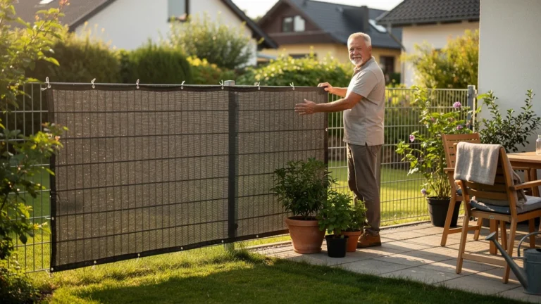 Brise-vue tissu installé sur un grillage de jardin pour retrouver l’intimité chez soi