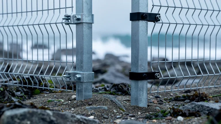 Fixation grillage rigide sur poteaux à encoches en bord de mer et zone froide, test matériaux