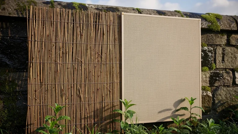 Comparaison photo hyper-réaliste d'un brise-vue en canisse naturelle et synthétique contre un mur humide