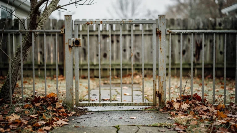 Portillon en aluminium bas de gamme usé après deux ans d'exposition saisonnière en extérieur