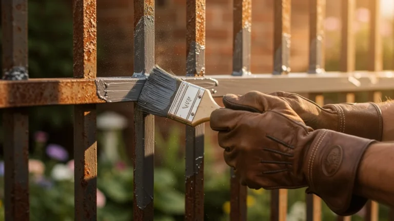 Homme appliquant une peinture antirouille sur un vieux portail en acier après préparation du métal