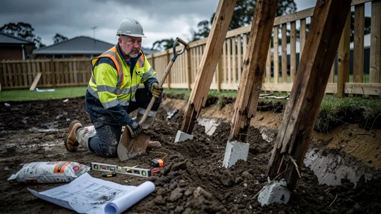 Sol instable cause la chute des poteaux scellés, image réaliste d'un chantier en échec