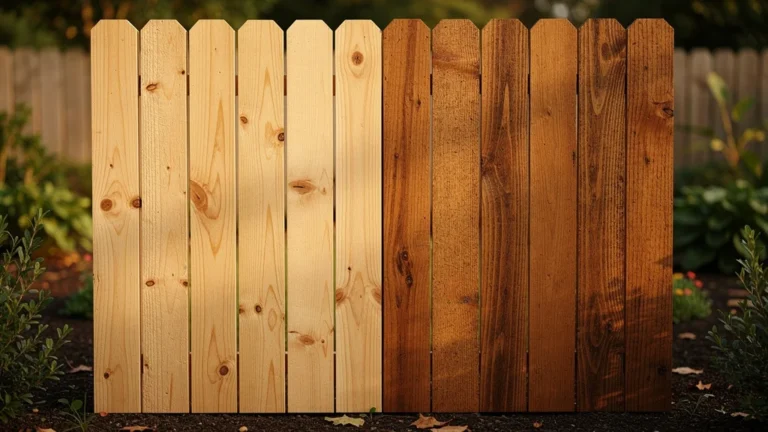 Clôture bois : comparaison entre lasure incolore et teintée sur deux panneaux