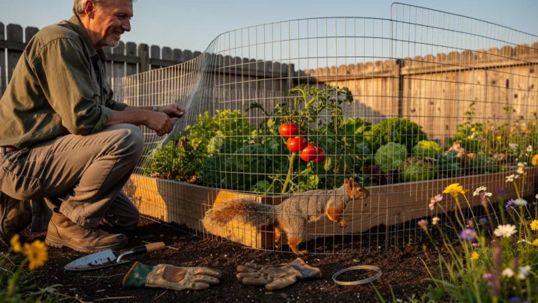 Grillage souple durable installé autour du potager vibrant, résistant aux animaux avec surprise visible