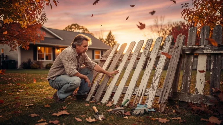 Homme observant une clôture penchée en bois dans son jardin à cause du vent, scène réaliste en lumière dorée