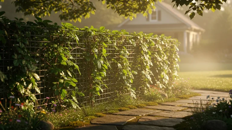 Haie naturelle combinée à un grillage créant une intimité sans mur, éclairage naturel et humidité visible