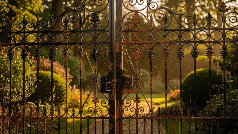 Portail en fer forgé usé par la corrosion invisible après cinq ans sans traitement, détail réaliste