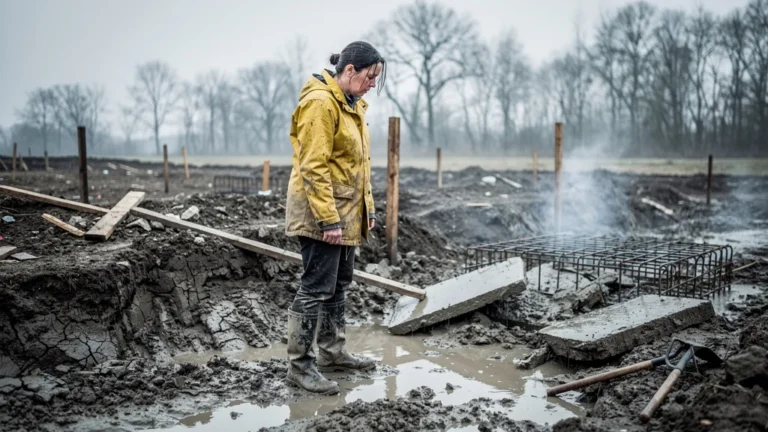 Femme confrontée au sol argileux au printemps, devant un chantier sans fondation, illustrant une erreur de construction