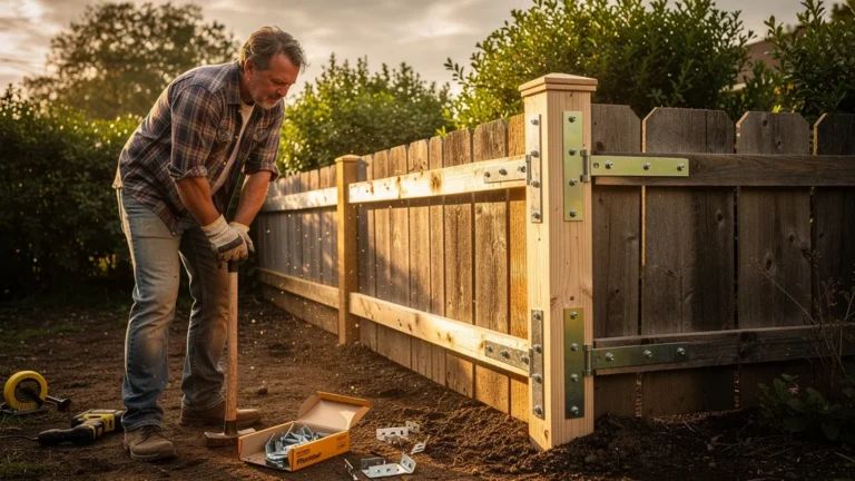 Homme réparant une clôture en bois avec renforts d'angle métalliques après une reprise complète