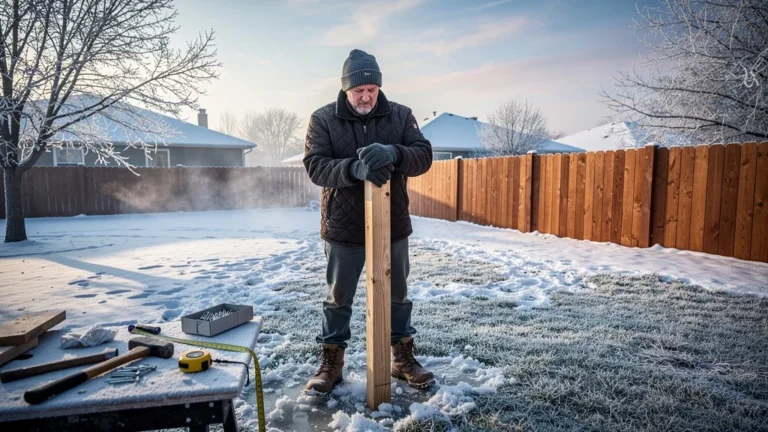 Pose de clôture en hiver avec avantage inattendu, homme travaillant dans jardin enneigé