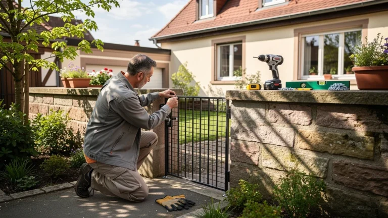 Pose d’un portillon grillage sur muret bas à Strasbourg pendant un week-end de mai