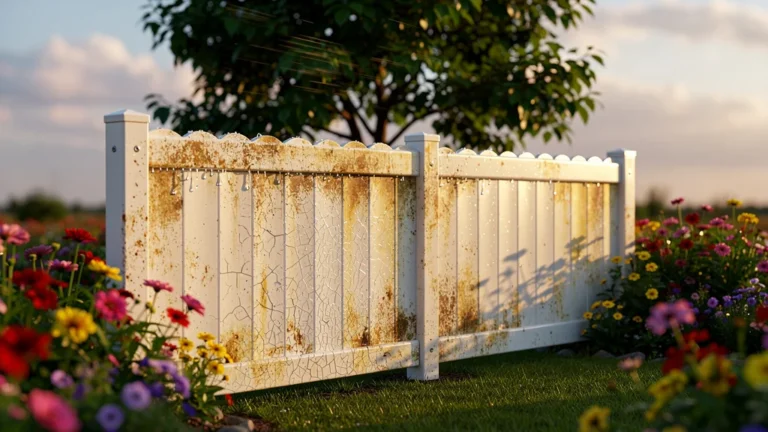 Clôture en PVC blanc usée, craquelée et décolorée dans un jardin, illustrant sa faible durabilité extérieure