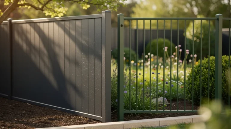 Clôture en panneaux rigides anthracite contrastant avec une section verte, illustrant un choix esthétique durable