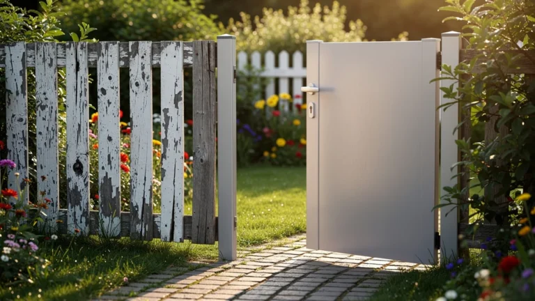 Portillon en aluminium moderne et pratique comparé à un portillon en bois usé en plein été