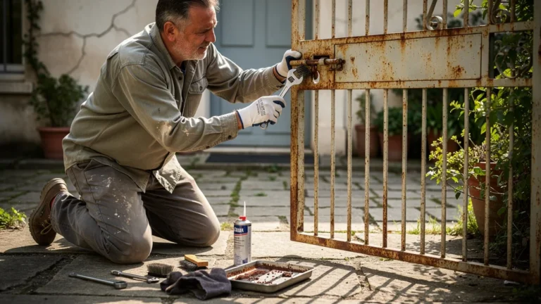 Réparation des gonds rouillés d’un portillon battant au petit matin, scène réaliste de bricolage