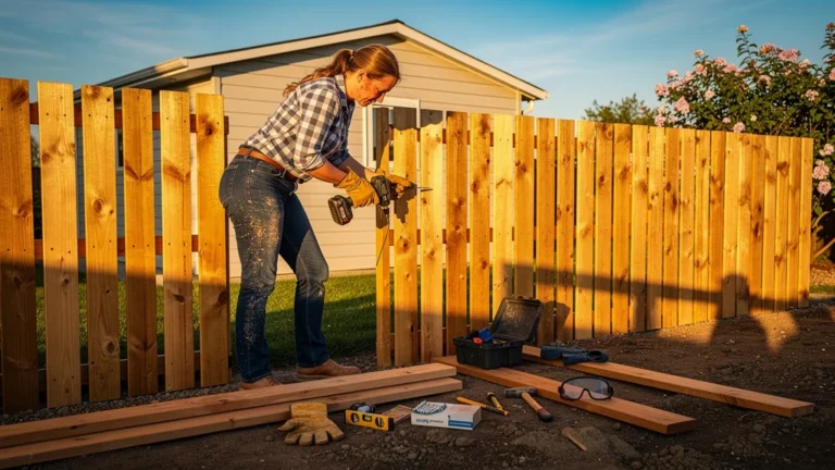 Femme posant seule une clôture en bois autoclave kit complet en un week-end dans un jardin