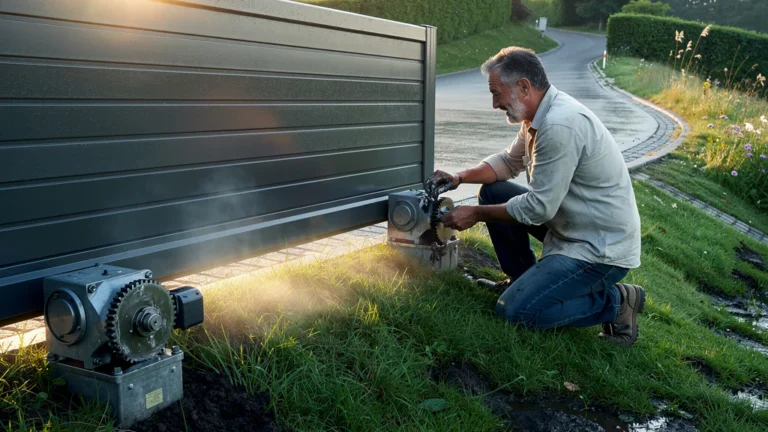 Test ultra-réaliste d’un portail coulissant motorisé sur terrain en pente humide avec graisse au lithium