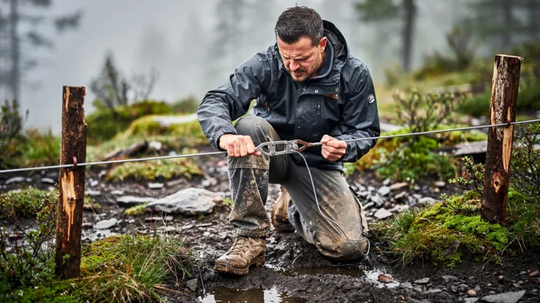 Test d'un tendeur de fil sur terrain irrégulier et humide avec grillage souple en extérieur