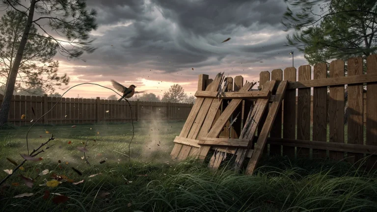 Clôture en bois fragile sous un coup de vent fort au lever du jour, illustrant sa vulnérabilité inattendue