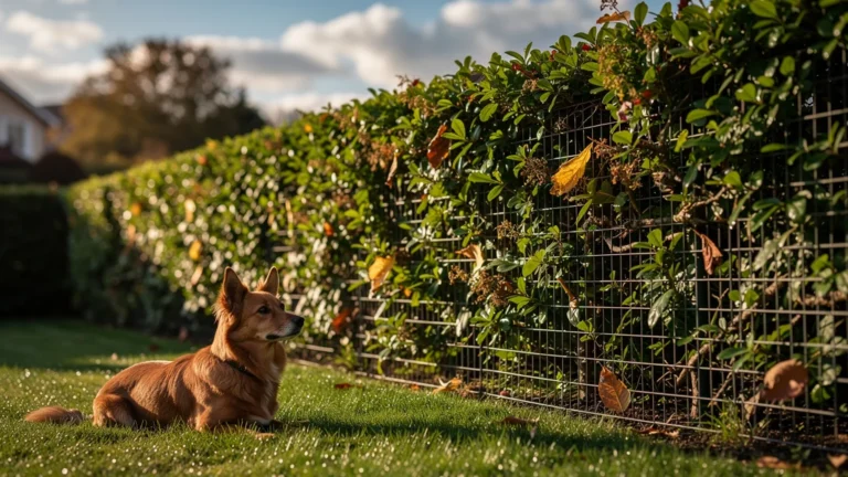 Haie doublée d'un grillage discret côté chiens dans un jardin au fil des saisons
