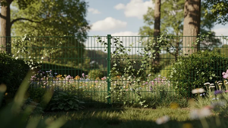 Grillage vert discret intégré dans un jardin naturel en plein air sous une lumière douce et réaliste