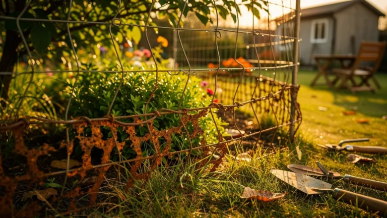 Grillage rouillé en bas par manque de tension dans un jardin, illustration d'entretien négligé
