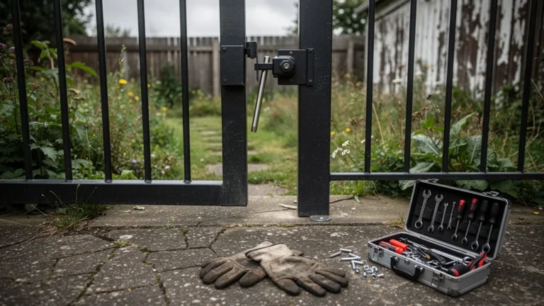 Portillon sans gâche réglable mal aligné en métal noir dans un jardin, installation difficile visible
