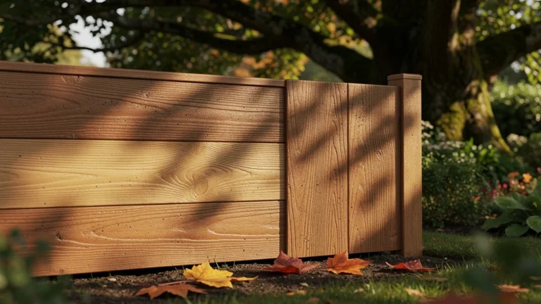 Clôture composite imitant le vrai bois dans un jardin sous arbres, avis franc après un an d'utilisation