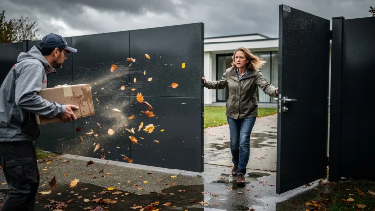 Femme ouvre grand portail par vent fort pour réceptionner un colis, sans portillon séparé