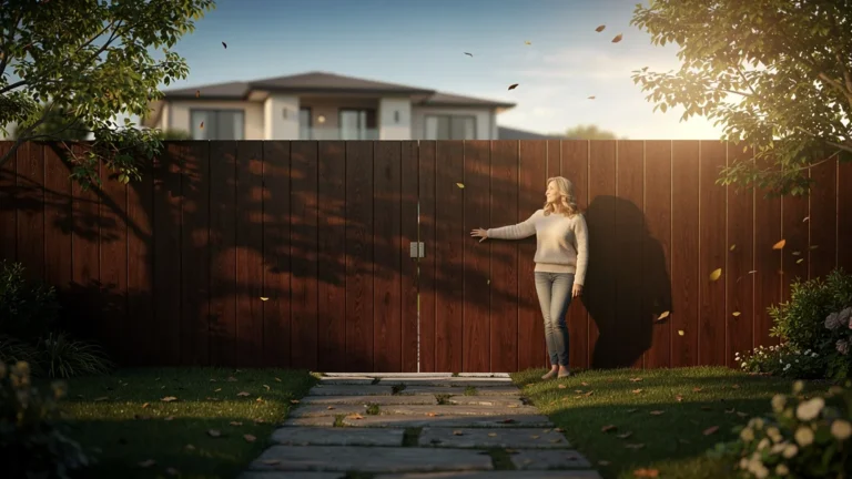 Portail plein en bois bloquant la vue des voisins dans un jardin, symbolisant l'illusion d'intimité