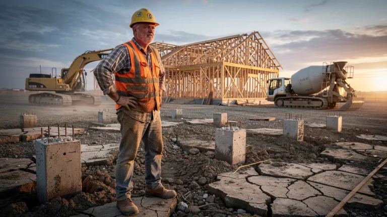 Ouvrier frustré sur chantier avec sol meuble et plots peu profonds, conséquences coûteuses visibles