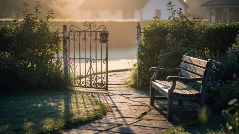 Portillon ancien qui grince le matin dans un jardin au lever du soleil, ambiance calme et mystérieuse