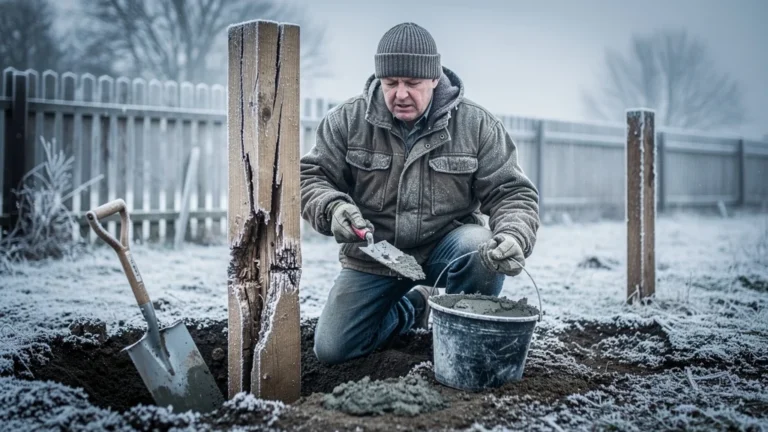 Homme regrettant de sceller ses poteaux en bois un jour de gel, chantier extérieur hivernal réaliste