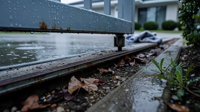 Rail de portail coulissant bloqué après la pluie avec traces de boue et humidité visible