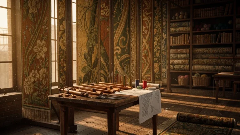Atelier d'artapisserie avec tapisseries artisanales colorées et ambiance chaleureuse