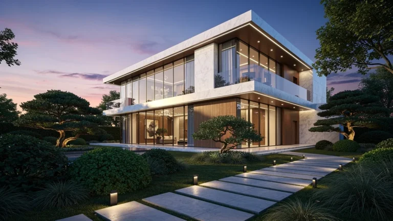Façade moderne et luxueuse d’un bâtiment haut de gamme avec architecture élégante au crépuscule