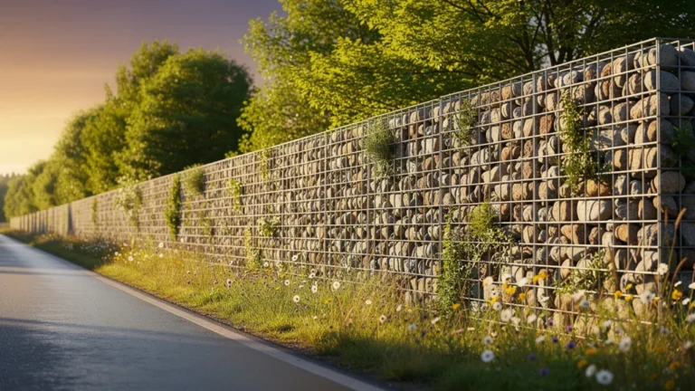 Mur en gabions le long de la route réduisant efficacement le bruit, paysage naturel apaisant
