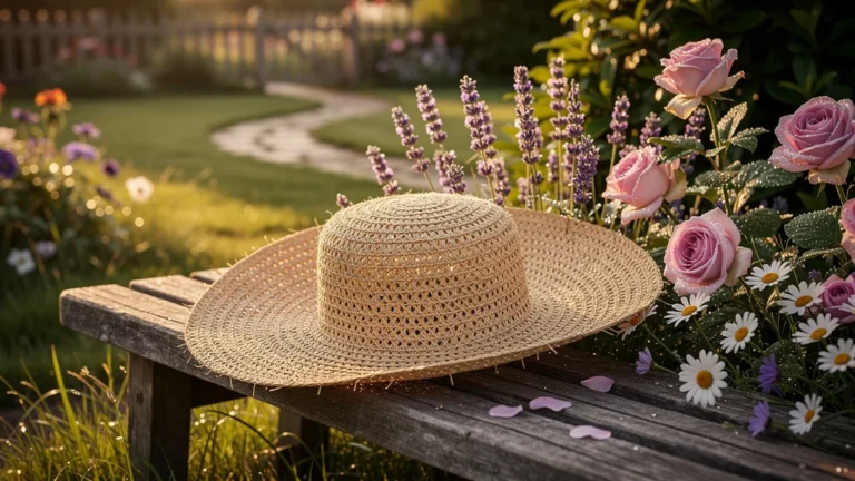 Chapeau ciret artisanal posé dans un jardin fleuri au coucher du soleil en ultra-réalisme